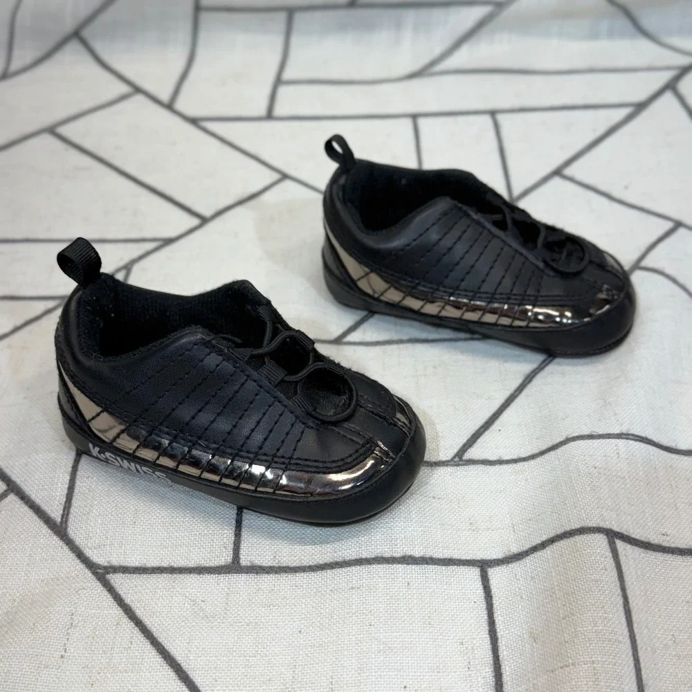 K-Swiss Sneakers Size 3 Black Metallic Pewter Soft Sole Infant Crib Shoes